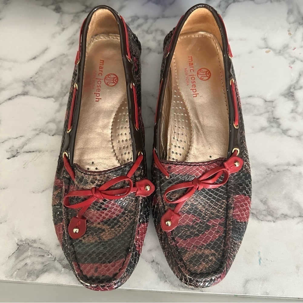 Marc Joseph New York Cypress Hill Exotic Leather Driving Loafers Sz 7 Red Brw - Picture 4 of 11
